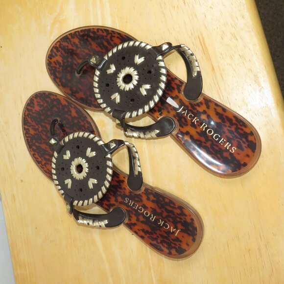 Jack Rogers Womens 9 Gerogica Tortoise Shell Thong Sandals Whipstitch Medallion - Picture 1 of 5